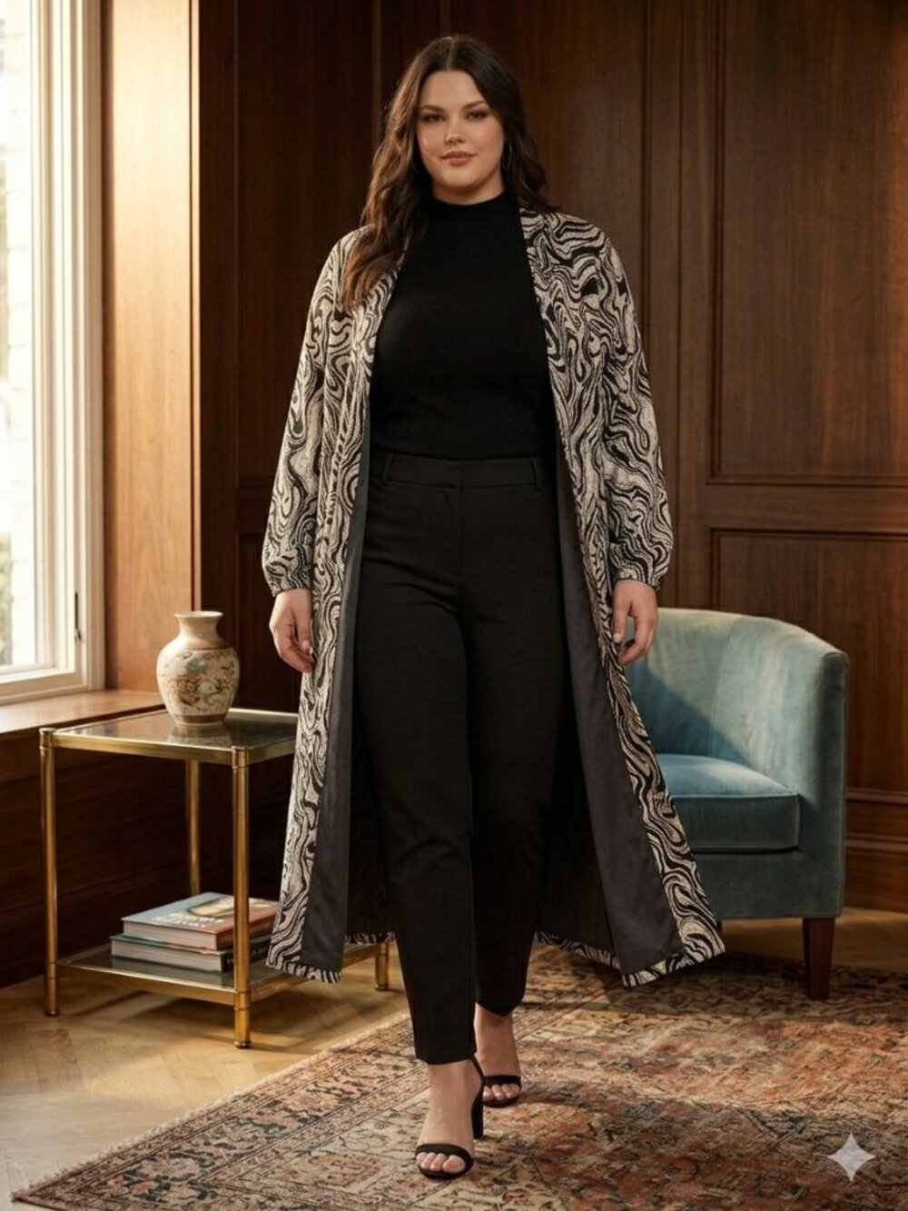 Abstract Crinkle Long Duster Jacket Ivory & Black 3X - Picture 2 of 9